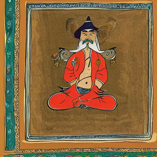 Image similar to scruffy cowboy sitting in lotus position, persian folkore artstyle, calligraphy border