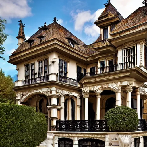 Prompt: ornate mansion with a blend between modern architecture and ancient gothic style