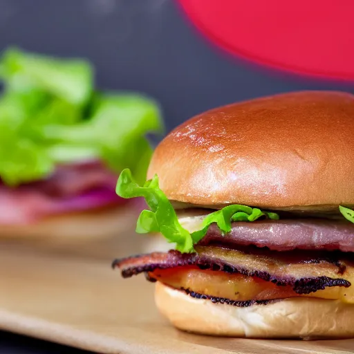 Prompt: A photo of a juicy burger with bacon and cheese in a brioche bun no lettuce, zoomed in, 35mm