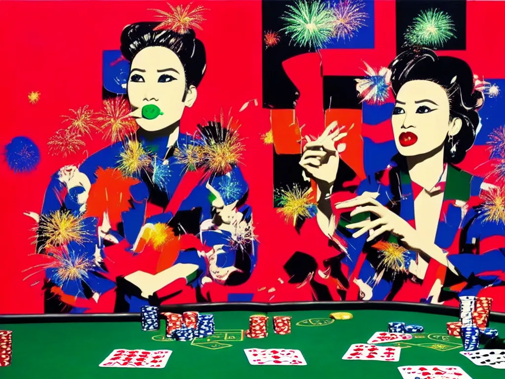 Image similar to hyper - realistic composition of a room in a casino with an extremely detailed poker table, croupier in kimono standing nearby fireworks in the background, pop art style, jackie tsai style, andy warhol style, acrylic on canvas