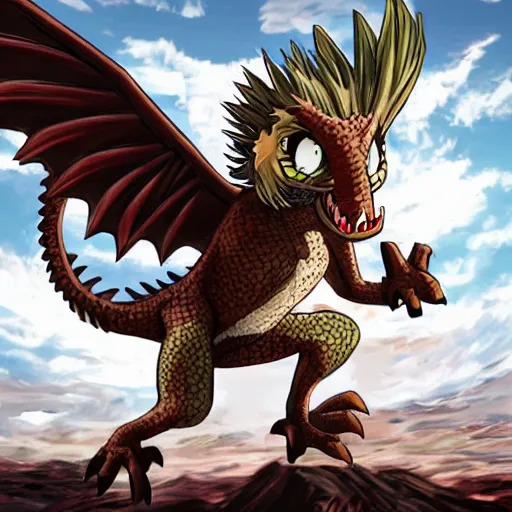 Image similar to medium sized brown feathered dragon that stands on 2 legs with razor sharp teeth and sharp claws, highly detailed, my hero academia art style