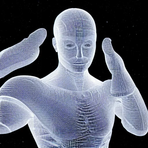 Image similar to translucide cyborg clapping his hands. hyperrealistic 3 d light shining through