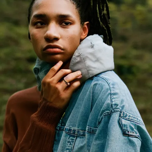 Prompt: realistic photoshooting for a new arcteryx lookbook, color film photography, portrait of a beautiful woman, photo in style of tyler mitchell, 3 5 mm,