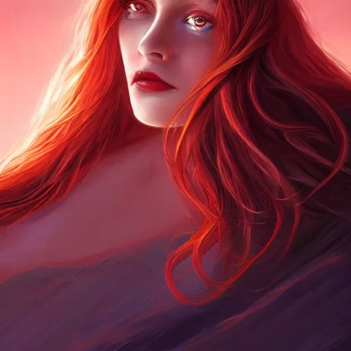 Image similar to epic portrait an beautiful mars goddess, glossy skin, red lips, pretty face, flowing orange long hair, glowing orange eyes, mars landscapes, sun in the backround, digital painting, artstation, concept art, soft light, hdri, smooth, sharp focus, illustration, fantasy, intricate, elegant, highly detailed, D&D, matte painting, in the style of Greg Rutkowski and Alphonse Mucha and artemisia, 8k, highly detailed, jurgens, rutkowski, bouguereau, pastoral, rustic, georgic