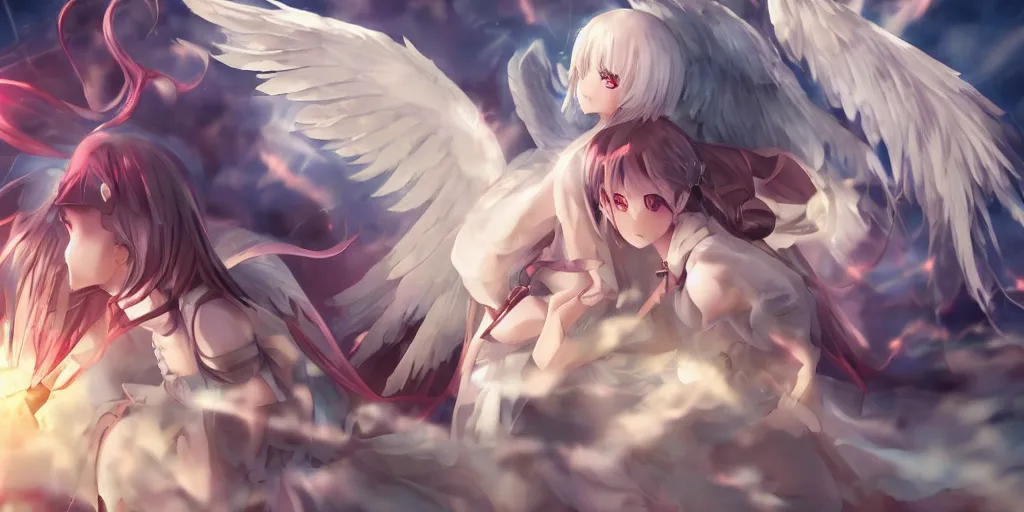 Image similar to a battle between an angel!!!!!!! anime girl and a demon made out of crystal!!!!!!!!, wide angle, cinematic lighting, highly detailed, official media, Sakimichan