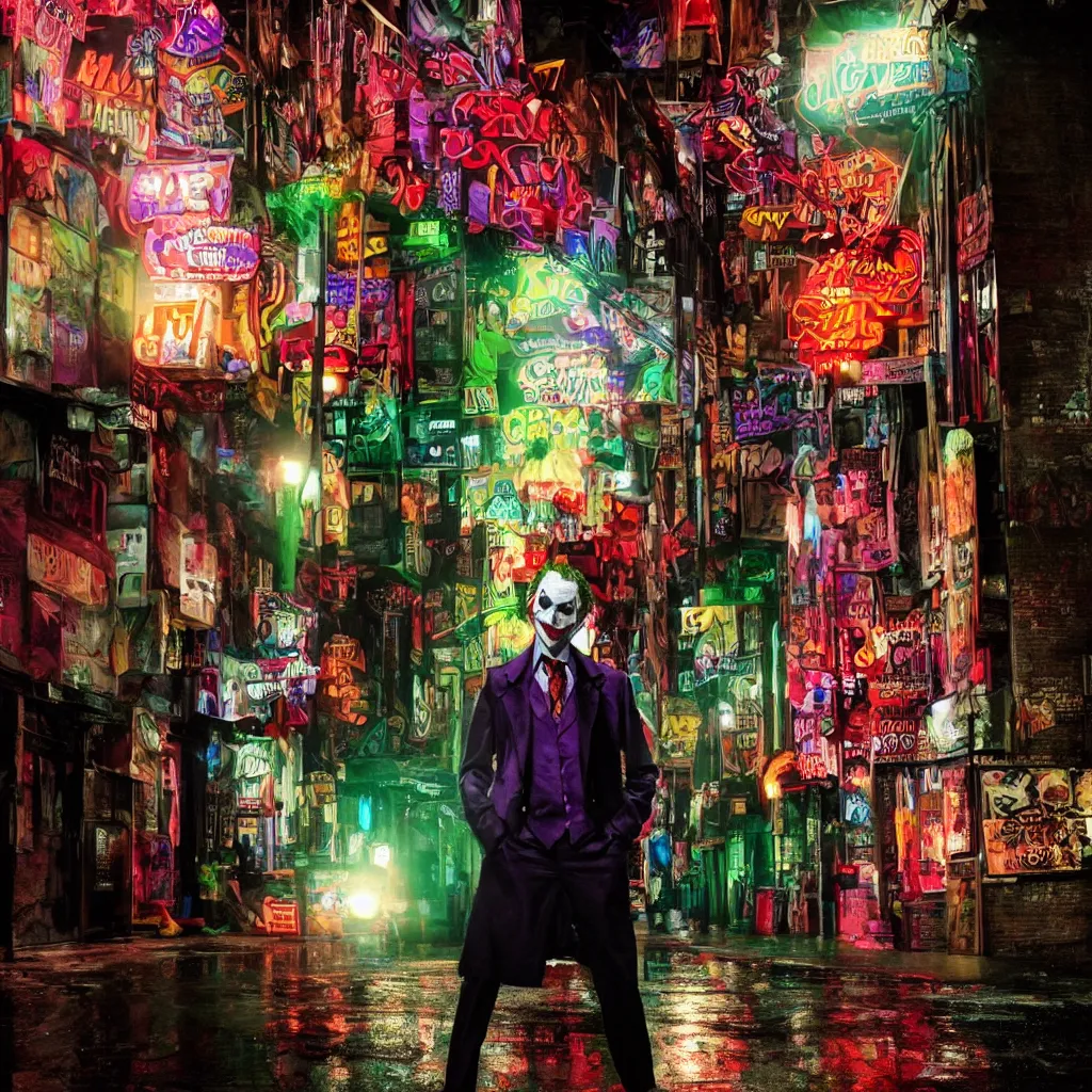 Image similar to night flash portrait photography of the joker on the lower east side by annie leibovitz, colorful!!, nighttime!, raining!