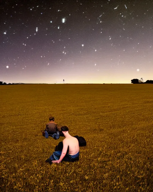 Image similar to man sitting in a huge field star filled night sky, crewdson, gregory, wide angle, surreal