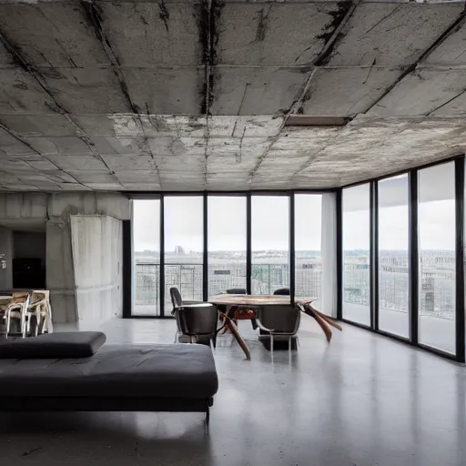 Image similar to a photo of a brutalist interior with high ceilings and big windows