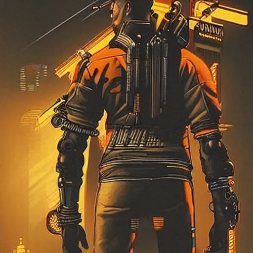 Prompt: mechanic wearing cyberpunk 2 0 7 7 industrial mechanical arms. orange and black color scheme. concept art by james gurney and mœbius.