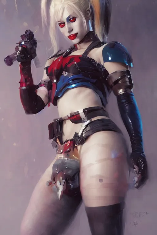 Image similar to portrait of anime Harley Quinn in bikini armor, dc comics, cyberpunk, Warhammer 40000, dark fantasy, digital art from artstation by Ruan Jia and Mandy Jurgens and Artgerm and william-adolphe bouguereau