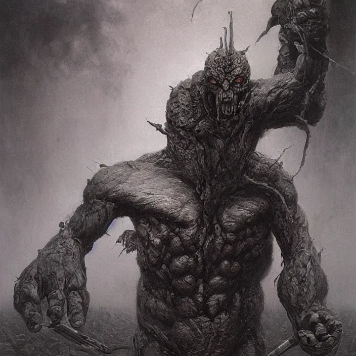 Image similar to demon berserker, symmetrical, muscular body, demon, balrog, beksinski