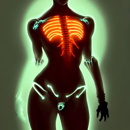 Image similar to female cyborg posing sensual figure x - ray, skeletal, glowing veins under translucent skin, highly detailed skin, bioluminescent, plasma, greg rutkowski, 8 k trending on artstation