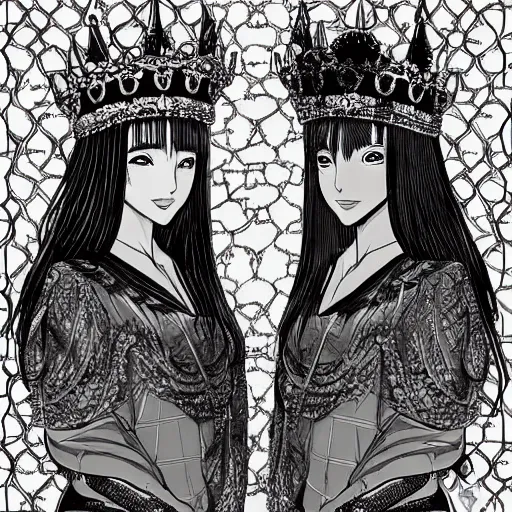 Image similar to a scene of two beautiful queens facing each other in front of a throne, symmetrical faces, detailed anime art