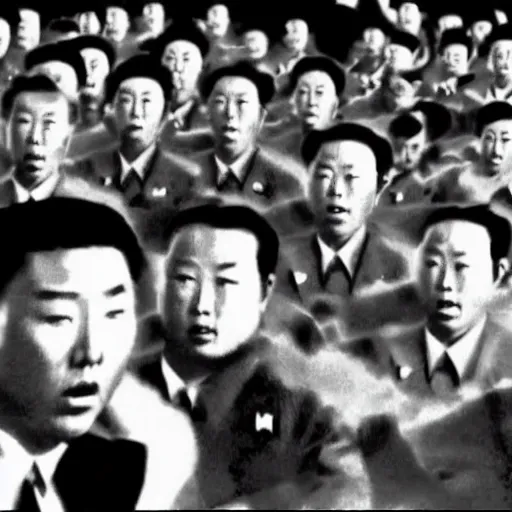 Image similar to a film still of a north korean monster movie, film noir, video compression, ripple effect