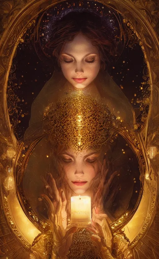 Prompt: masterpiece of beautiful hands close to a candle in dark room, cinematic, powerful, moon beams dramatic light, highly, intricate gold elements, hollow souls, detailed, digital painting, artstation, concept art, sharp focus, illustration, art by artgerm and greg rutkowski and alphonse mucha