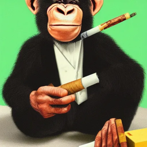 Prompt: a high detail photo of an antropomorphic chimp wearing a suit smoking a cigarrette, subject= chimp, subject detail: wearing a suit, subject action: smoking a cigarrette photorealism