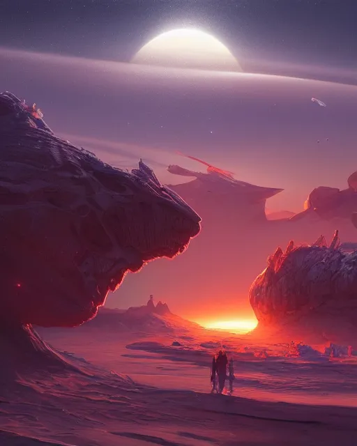 Image similar to legendary space ship, ice fish shape, desert planet, cinematic, highly detailed, scifi, intricate digital painting, sunset, red glow, illustration, artstation, by johnson ting, jama jurabaev