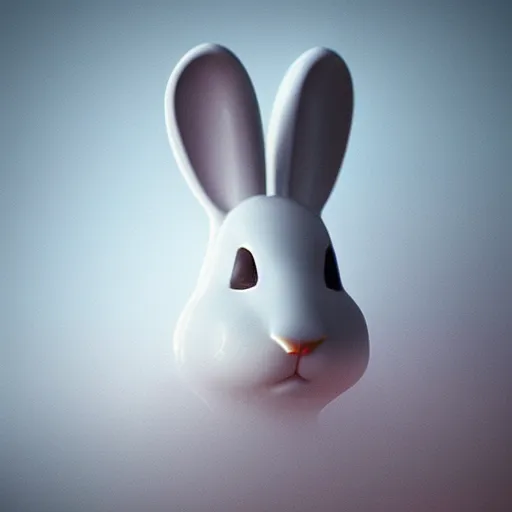 Prompt: “white bunny with black spots on face, staring at you in heaven, fog, volumetric lighting, golden hour, sharp focus, ultra detailed, trending on artstation,”