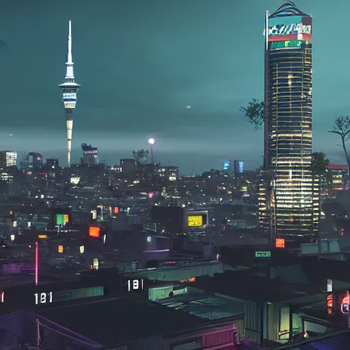 Image similar to auckland city at night, cyberpunk 2 0 7 7 style