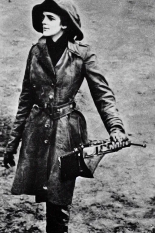 Image similar to photograph of soviet chekist comrade emma watson, standing in a long leather coat with mauser pistol, vintage revolution photograph, famous photo