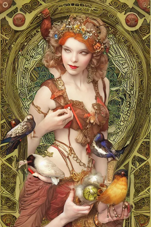 Image similar to zoomed out 3 d render of english princess holding birds, ornaments, mucha vibe, dieselpunk, solarpunk, artstation