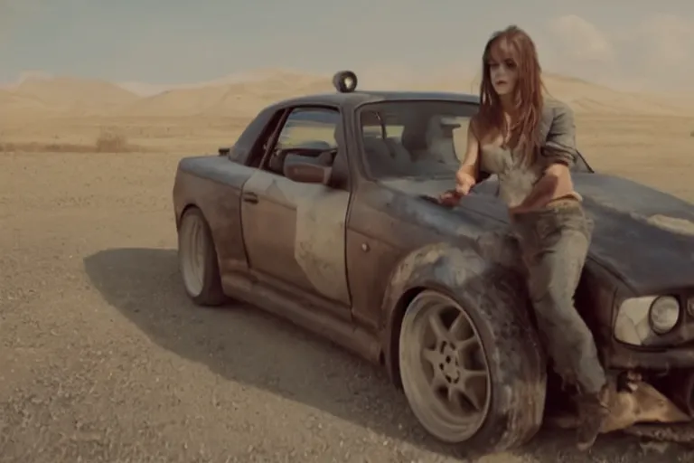 Image similar to Emma Watson driving in Mad Max Road Warrior, rusted, cobbled together Nissan R34 GTR, screenshot, cinematic Eastman 5384 film