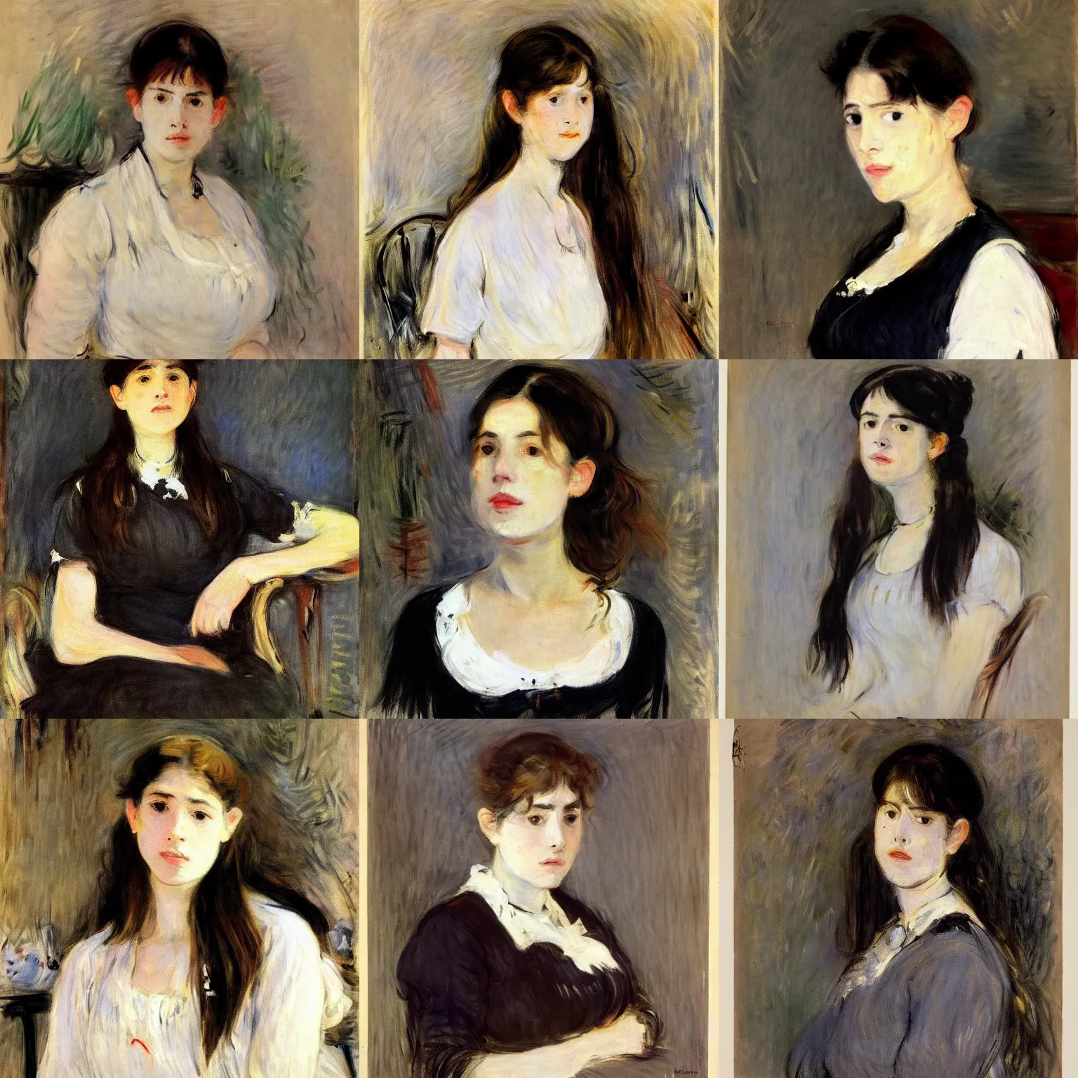 Prompt: a portrait of a woman by berthe morisot. she has long straight dark brown hair, parted in the middle. she has large, dark brown eyes, a small, refined nose, and thin lips. she is wearing a supreme brand t - shirt, a sleeveless white blouse, a pair of dark brown capris, and black loafers.