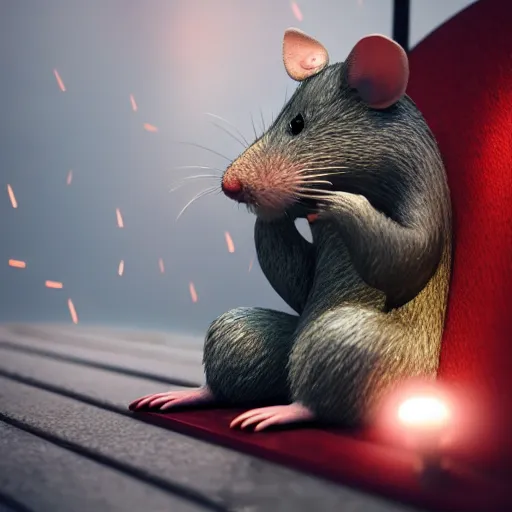 Image similar to anthropomorphic rat, octane render, 3 d, sad, lonely, moody lighting, wearing a fur coat, in the rain, at night, sitting on a park bench