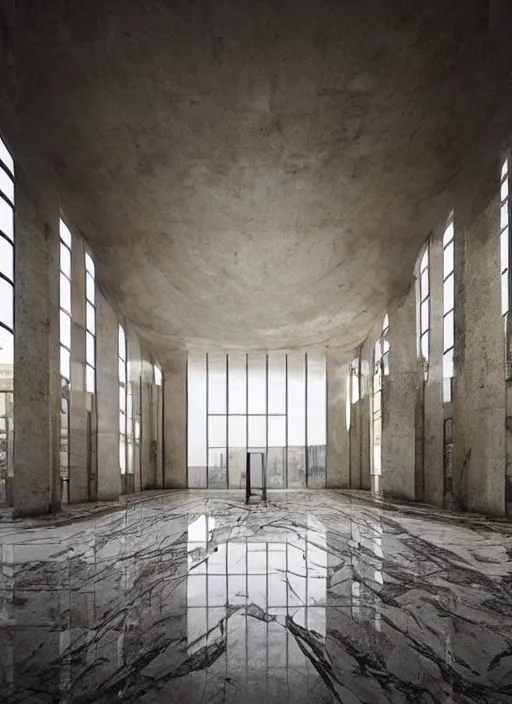 Image similar to “derelict architecture single building , marble flooring, building designed by architect Oscar Niemeyer, architecture digest, building surrounded in a luxury environment, bright tones, fluorescent lighting,volumetric Lighting, photorealism, high detail, golden ratio, cinematic, octane renderer”