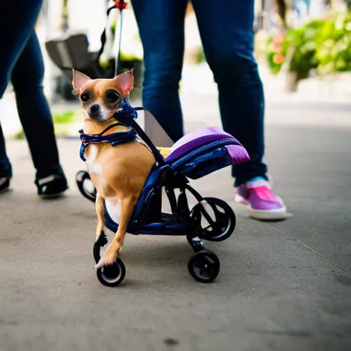 Prompt: a photo of a chihuahua pushing its human in a stroller, 4K UHD, 16mm f/1.4