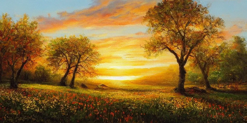 Image similar to an extraordinarily beautiful oil painting of a landscape in spring during sunrise ; the most beautiful painting in the world