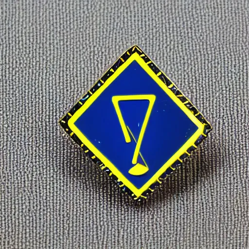 Image similar to a diamond enamel pin depicting a caution warning label, smooth curves