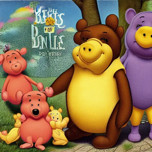 Prompt: winnie the poo and piglet and owl on the beatles album cover, 8 k resolution hyperdetailed surrealism