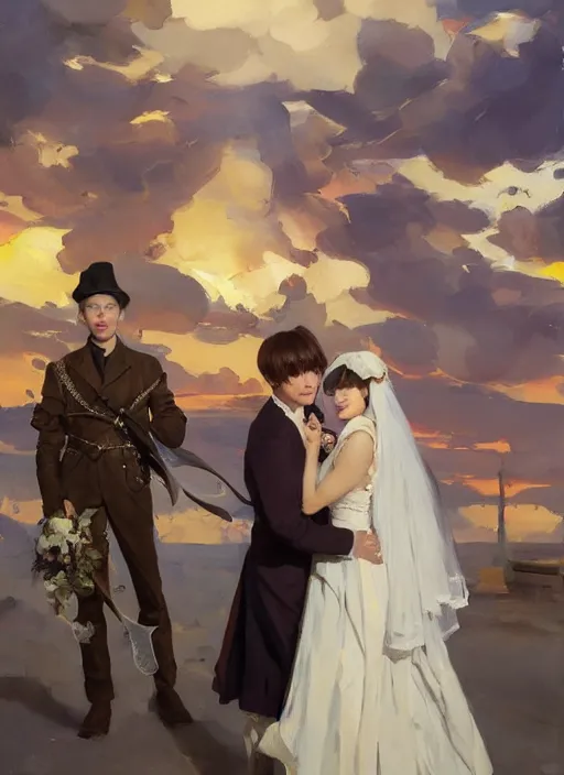 Image similar to jungkook and taehyung of bts getting married in las vegas, jodhpurs hyperborea winter traveler treasure hunter greg manchess painting by sargent and leyendecker, fantasy, medium shot, matte painting, illustration, hearthstone, by rhads, by greg rutkowski, by greg tocchini, by james gilleard, by joe fenton