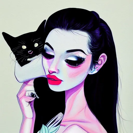 Image similar to a painting of a woman holding a cat, a character portrait by harumi hironaka, trending on deviantart digital illustration