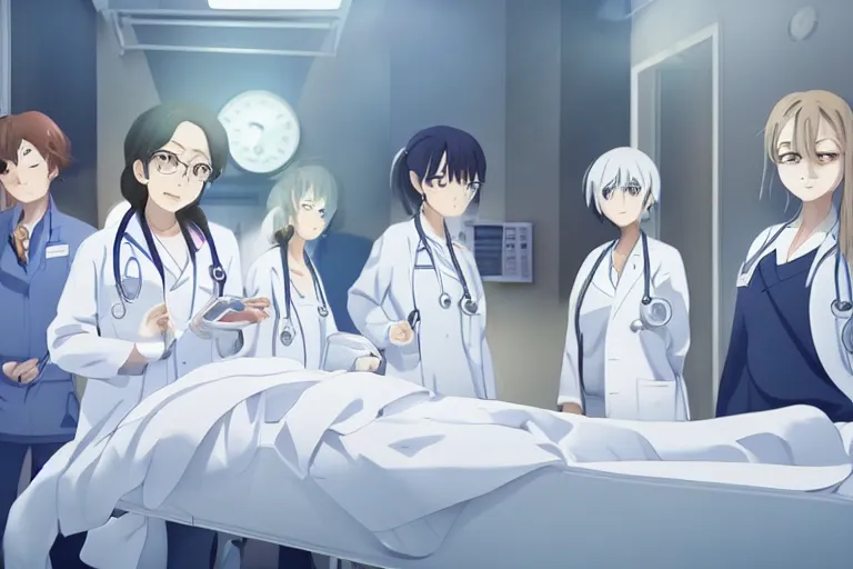 Prompt: a cute young female doctor wearing white coat are leading a group of doctors around a bed in hospital, slice of life anime, cinematic, lighting, 8kHDR, anime scenery by Makoto shinkai