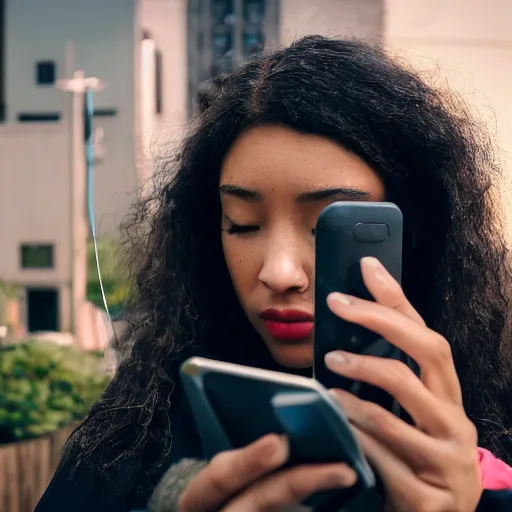 Image similar to candid photographic portrait of a poor techwear mixed young woman using a phone inside a dystopian city, closeup, beautiful garden terraces in the background, sigma 85mm f/1.4, 4k, depth of field, high resolution, 4k, 8k, hd, full color