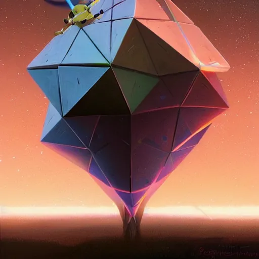 Image similar to greg rutkowski, beeple, a painting by ralph mcquarrie of floating molecules and icosahedron with stars, clouds, and rainbows in the background, trending on artstation, masterpiece, incredible details