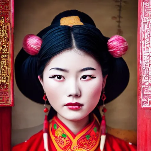 Prompt: photo portrait of chinese beauty in traditional costume in real life by Steve McCurry, colorful, sharpen, 4k, 85mm, award winning