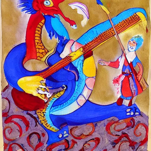 Image similar to russian dragon playing balalika guitar, childrens painting ,