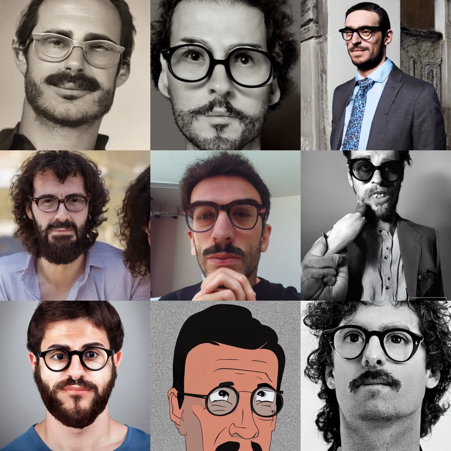 Prompt: a spanish iberian italian guy long face pale with round glasses kinda big forehead ugly with a small chin and a zappa