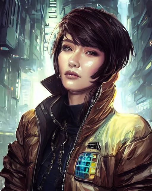 Image similar to detailed portrait guard woman with short brown hair seen from the back, cyberpunk futuristic, reflective puffer jacket, black leggings, decorated with traditional ornaments in front of a dystopian crowd with piles of garbage perfect face, fine details, realistic shaded, fine - face, pretty face by rossdraws