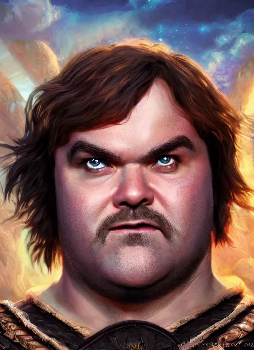 Image similar to A fantasy comic book style portrait painting of jack black, Joey King as a Mystical Valkyrie, unreal 5, DAZ, hyperrealistic, octane render, RPG portrait, dynamic lighting