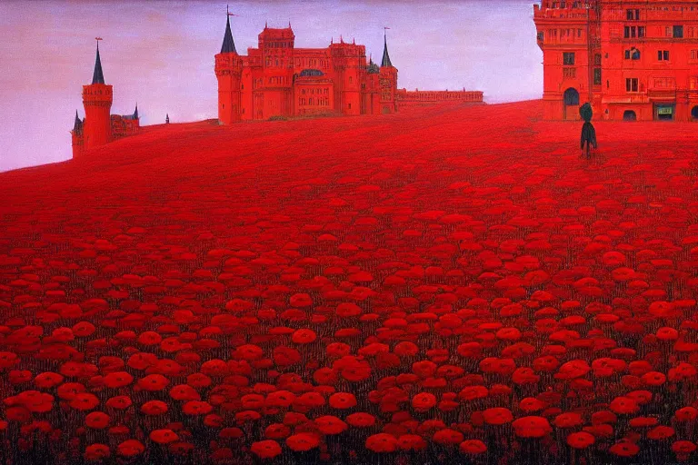 Image similar to only with red, red flowers of different types, red castle in background, red medieval big goblins, in the style of beksinski, parts by edward hopper, parts by rodcenko, parts by yue minjun, intricate and epic composition, red by caravaggio, insanely quality, highly detailed, masterpiece, red light, artstation, 4 k