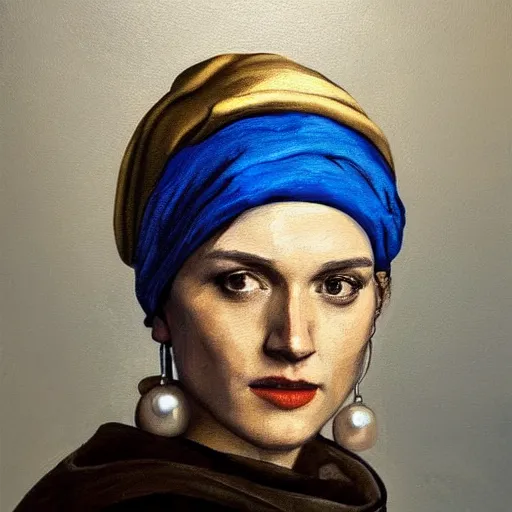 Image similar to painting of Henry Cavill posed in the style of ‘Johannes Vermeer girl with a pearl earring’, hyperrealistic, moody lighting, golden hour