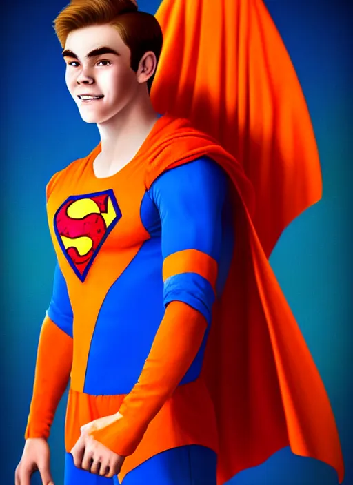 Image similar to friendly teenage archie andrews wearing an orange superhero costume with heart logo, heart, orange costume, blue cape, freckles, cape, heart emblem on chest, heart, blue cape, intricate, elegant, glowing lights, highly detailed, digital painting, artstation, sharp focus, illustration, art by wlop, mars ravelo and greg rutkowski