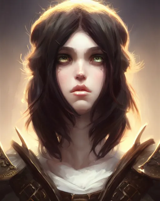 Prompt: dark fantasy brunette acolyte with short pageboy hair, pale, headshot portrait, wide angle view, highly detailed, qichao wang, artgerm, cushart krenz, zeronis, trending on artstation, soft light, sharp edges, illustration, character design, concept art