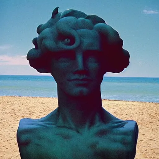 Prompt: vaporwave beach statue by Greg Hildebrandt