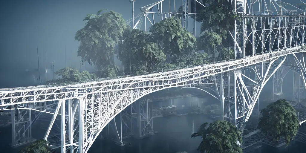 Image similar to explosions in the form of realistic white cotton plants on harbour bridge, huge white cotton everywhere on the destroyed harbour bridge, smooth, sharp focus, highly detailed, 3 d octane render, epic lighting, lots of white cotton, 8 k