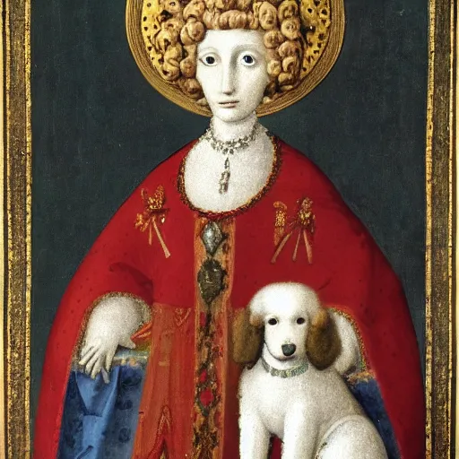 Image similar to portrait of a white poodle as an italian noblewoman, italo - byzantine era 9 0 0 ce